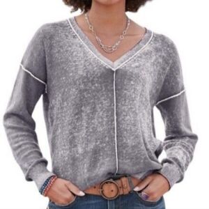 Sundance Cece V Neck Lightweight Cotton Sweater Exposed Seams Size:L